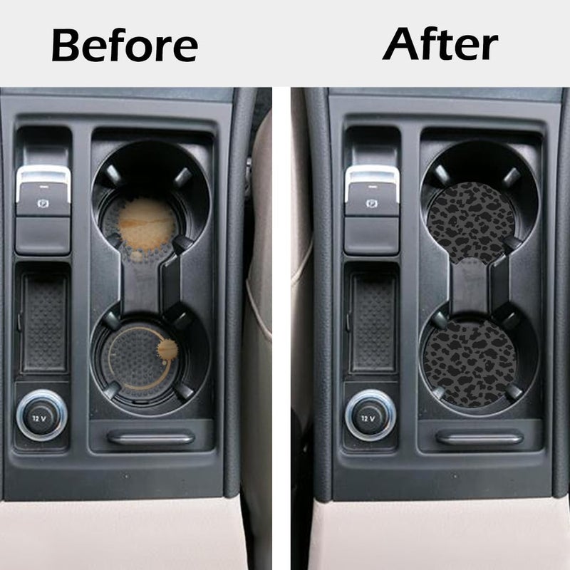 KARREAL 2 Pcs Car Cup Coasters, Black Leopard Print Universal Non-Slip Rubber Car Coasters for Cup Holders 2.75 inch, Car Interior Accessories for Women - Image 2